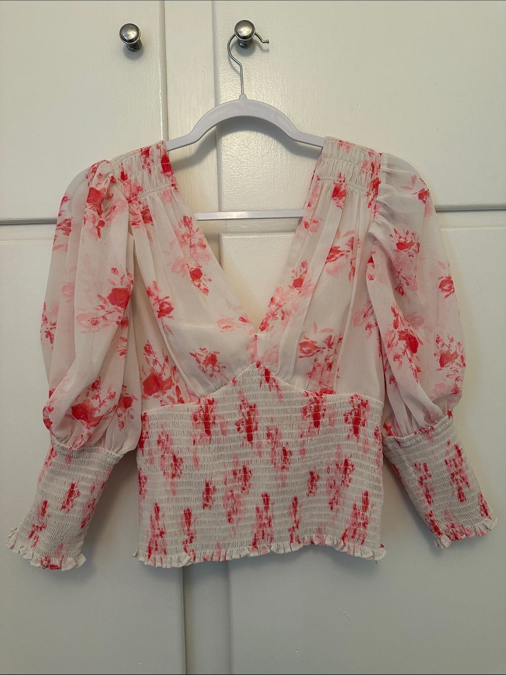 NEW Self Portrait White and Pink Cropped Long Sleeve Blouse